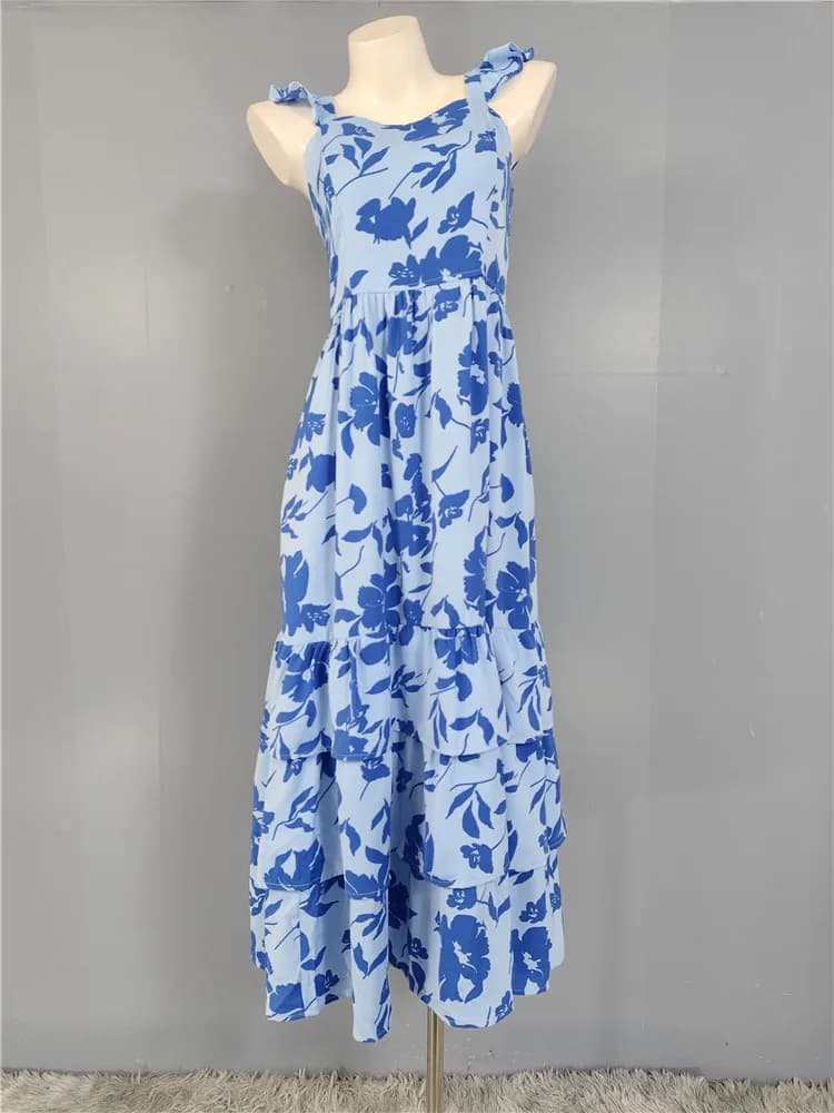 Elegant Floral Print Summer Vacation New Style Bell Sleeve Strap Dress Versatile Fashionable Long Dress for Ladies