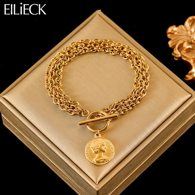 EILIECK Acciaio inossidabile 316L Colore oro Ritratto Moneta Bracciale con ciondoli Catena da polso alla moda Gioielli per le donne Ragazza Regali di festa