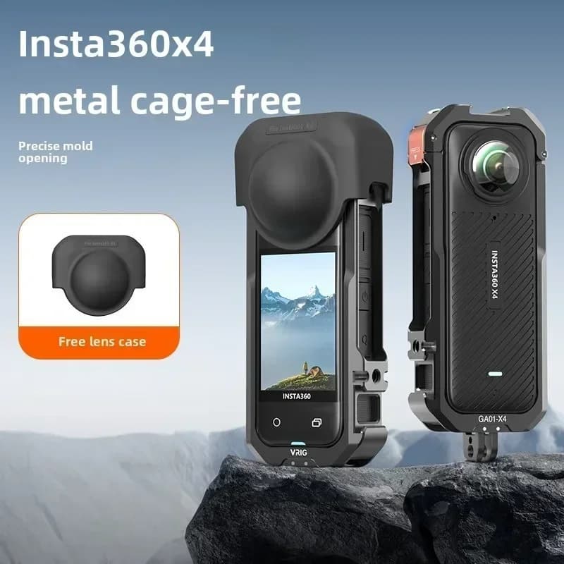 Gabbia protettiva in metallo per fotocamera Insta360 X4, rig per action camera compatibile con Insta360 X4, estensione per microfono, luce video, modello VRIG GA-01.