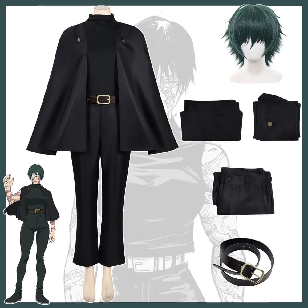 Costume Cosplay Anime Jujutsu JJK Zenin Maki con Parrucca, Uniforme, Mantello, Top, Pantaloni e Cintura per Convenzioni Anime, Halloween e Feste di Natale