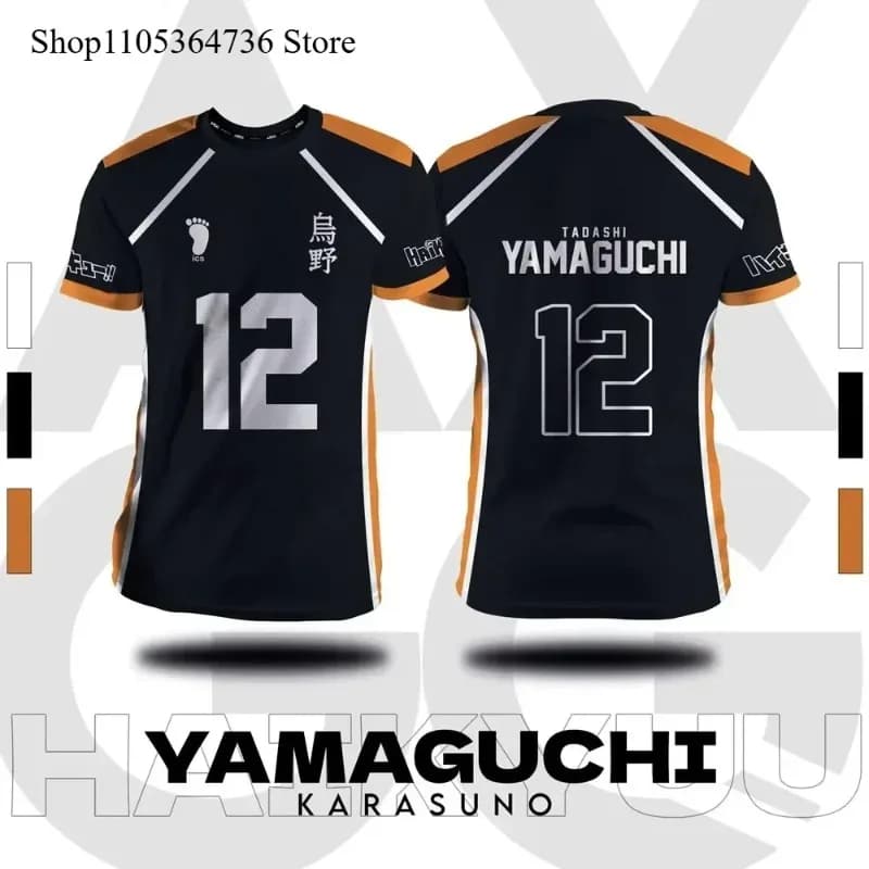 Maglia Cosplay Haikyuu Karasuno Yamaguchi 12, T-Shirt Estiva a Maniche Corte per Uomini Donne Bambini, Uniforme da Pallavolo Anime
