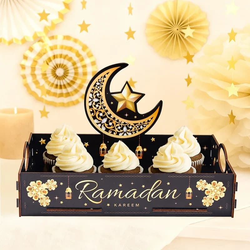 1 pz Star Moon Vassoio in legno Ramadan Snack Drink Scatola di immagazzinaggio in legno Torta Dessert Contenitore Organizzatore per feste e servizi a casa