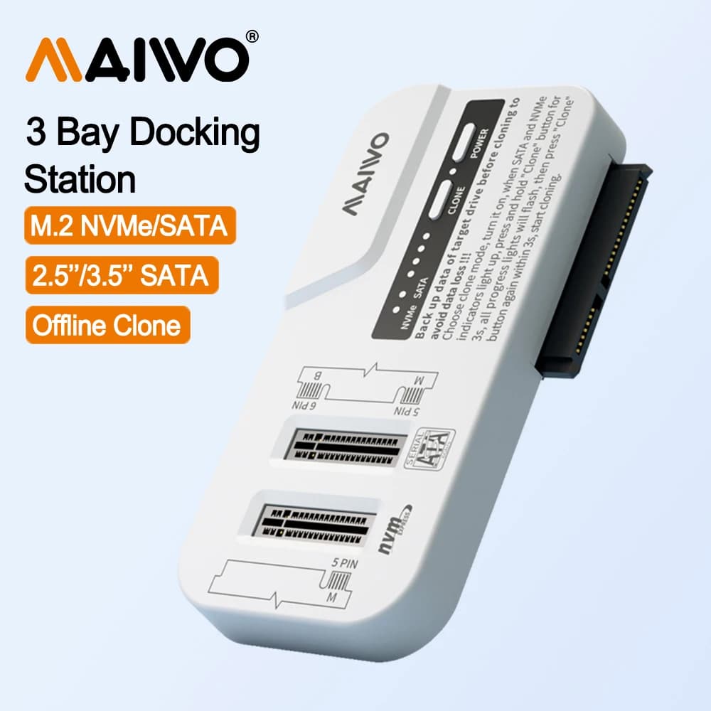 Custodia per HDD MAIWO da 3 alloggiamenti da 2,5/3,5 pollici Custodia SSD M.2 NVMe/SATA con clone offline USB3.2 Type-C Gen2 Custodia per HDD/SDD esterna da 10 Gbps