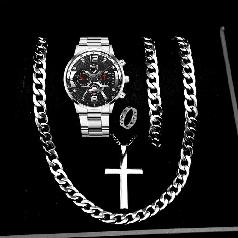 Set 5 Pezzi DEYROS Orologi da Uomo alla Moda con Calendario, Orologio da Polso al Quarzo in Acciaio Inossidabile, Orologio Casual Maschile con Collana e Bracciale