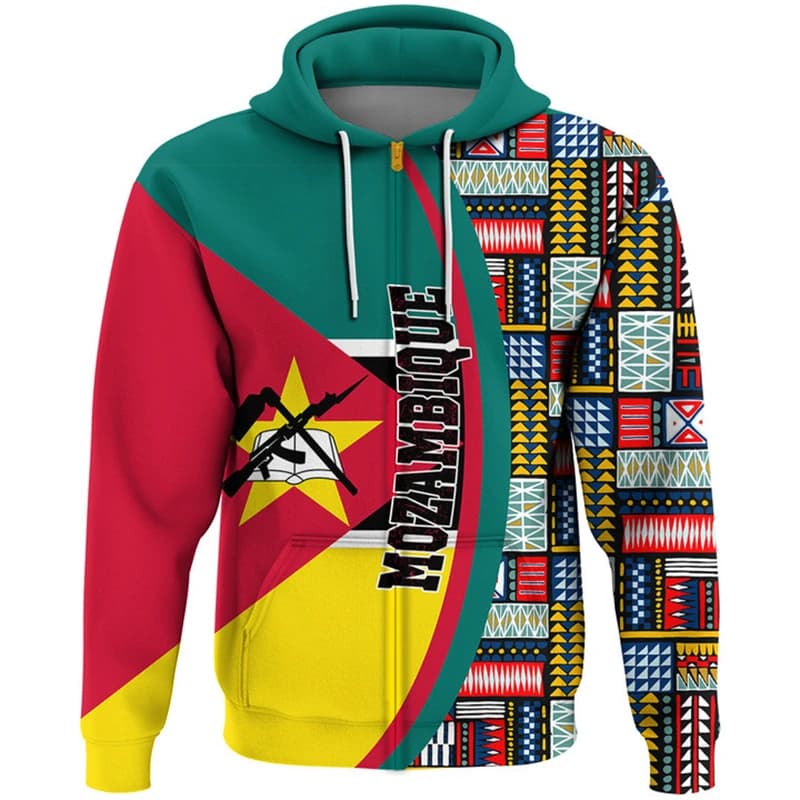 Mozambique Flag Map 3D Printed Zip Up Hoodie For Men Clothes Casual Boy Hoodies National Emblem Pattern Sweatshirts African Coat
