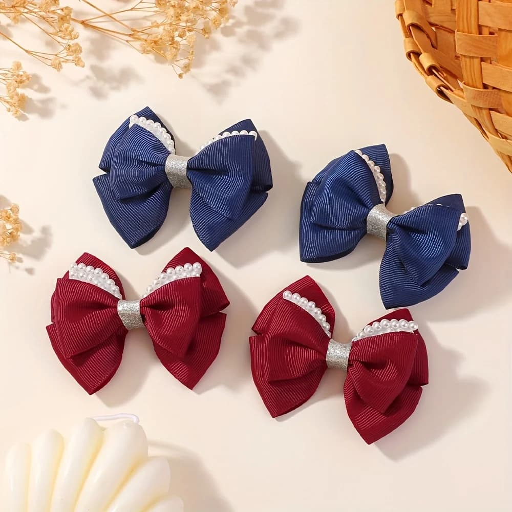 2Pcs 3.34inch Kids Bows Pearl Ribbon Hair Clips for Baby Girls Boutique Delicate Bowknot Barrette Palace Princess Style Headwear