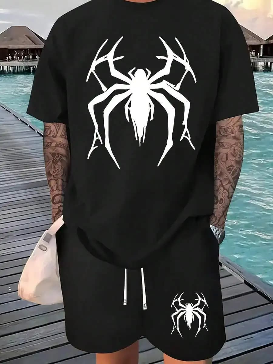 Set di t-shirt e pantaloncini da uomo con stampa ragno nero, outfit estivo casual in stile streetwear gotico