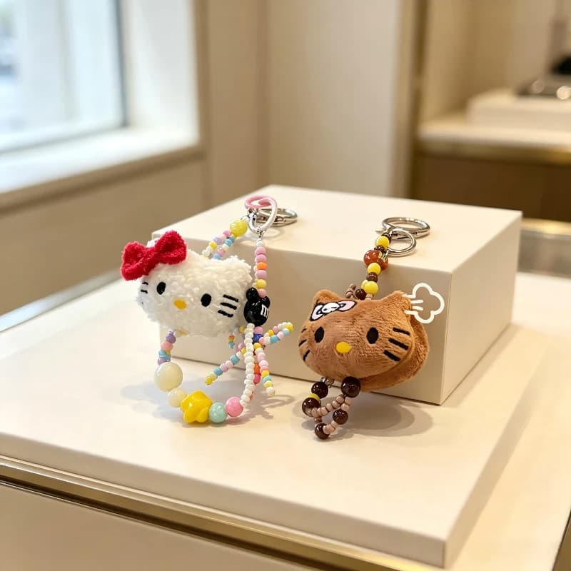Sanrio Colorful Beaded Keychain Hello Kitty Kawaii Cartoon Plush Phone Strap Wrist Strap Backpack Hanging Decoration Gifts