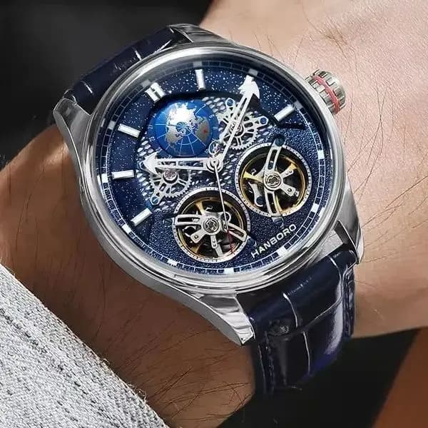 HANBORO Men Automatic Watch 44mm Mechanical Wristwatch Waterproof Luminous Skeleton Dual Flywheel Dial