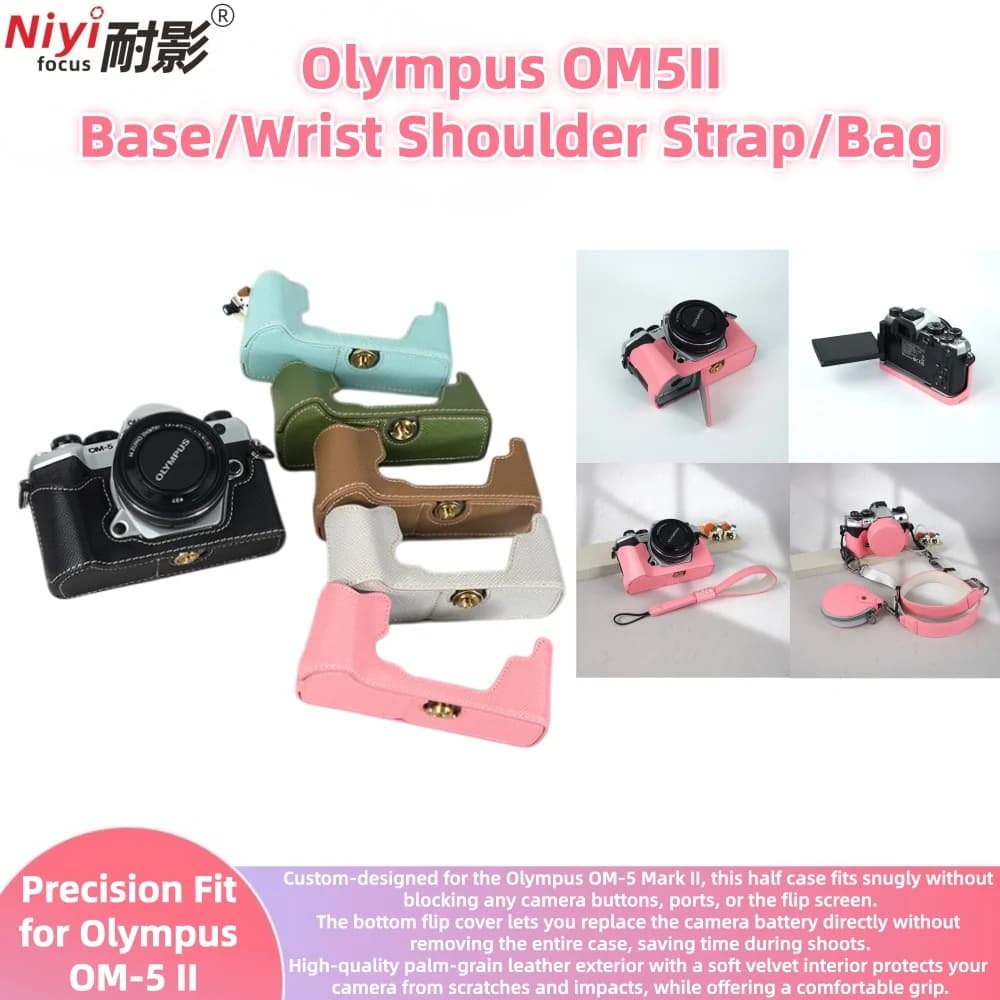 Leather Camera Half Case Shoulder Strap for Olympus OM-5 Mark II OM5II, Bottom Opening Design, with Velvet Lining & Tripod Mount