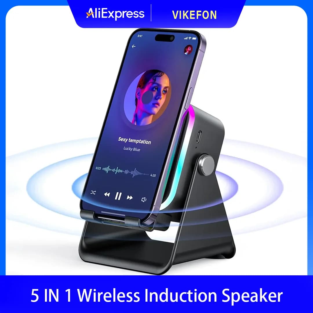 Supporto universale per telefono cellulare da scrivania 5 in 1 con altoparlante audio Bluetooth a induzione wireless e luce RGB colorata per iPhone Samsung