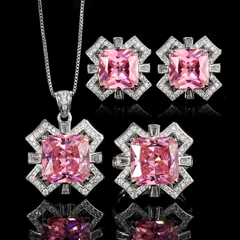 Gioielli di lusso con zirconi quadrati rosa Anello regolabile Collana Orecchini Design geometrico per le donne Gioielli da festa in cristallo scintillante