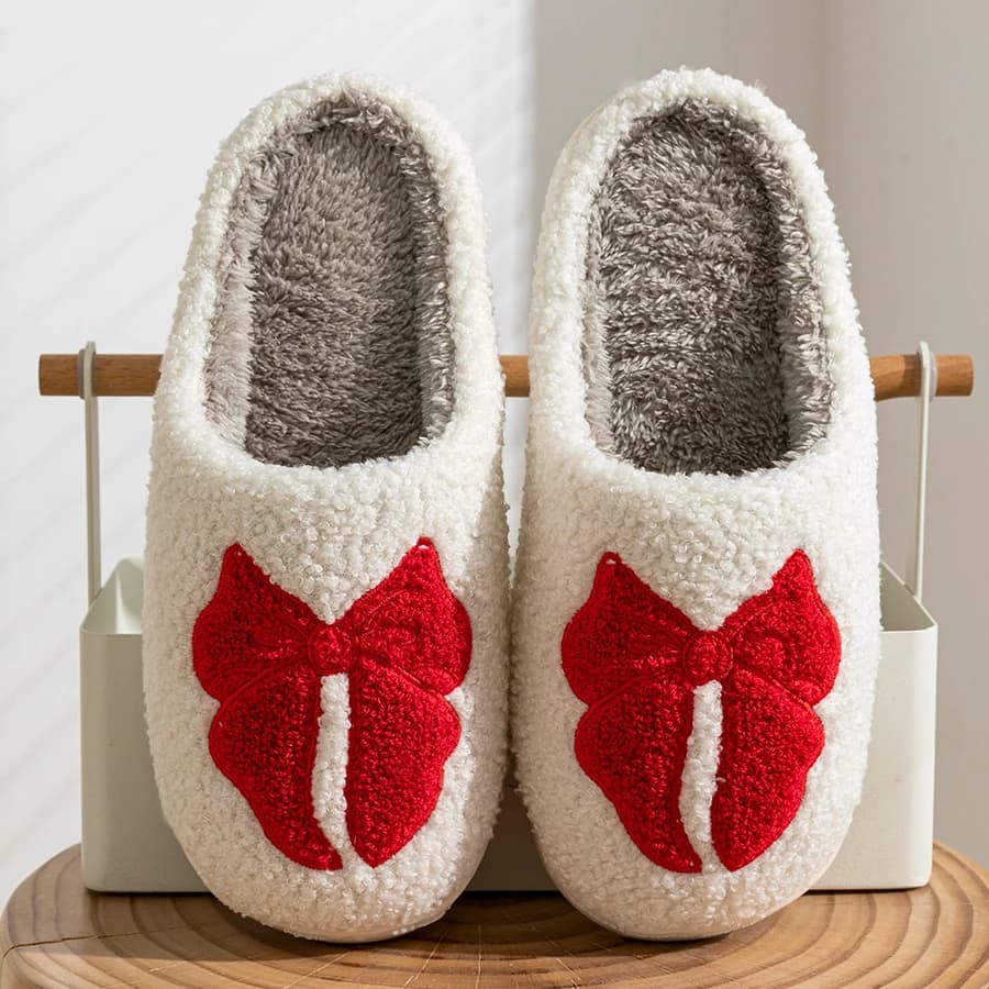 Comode pantofole da ragazza casual per interni invernali, modello con fiocco caldo, suola morbida, scarpe da casa fuzzy antiscivolo per camera da letto da donna carine