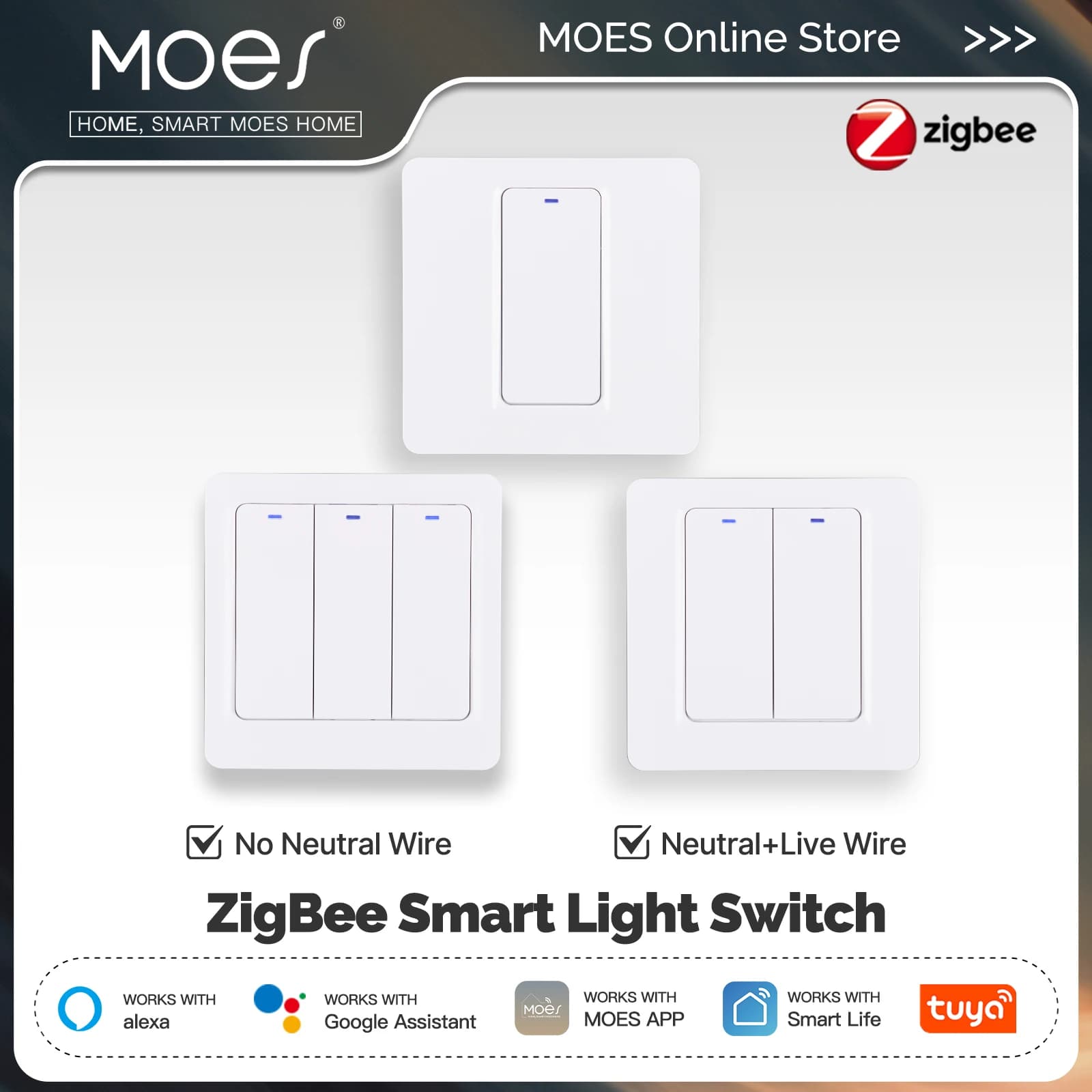 MOES ZigBee Smart Light Switch Tuya Cavo neutro opzionale | Relè magnetico | App/Controllo vocale | Funziona con Alexa e Google Home