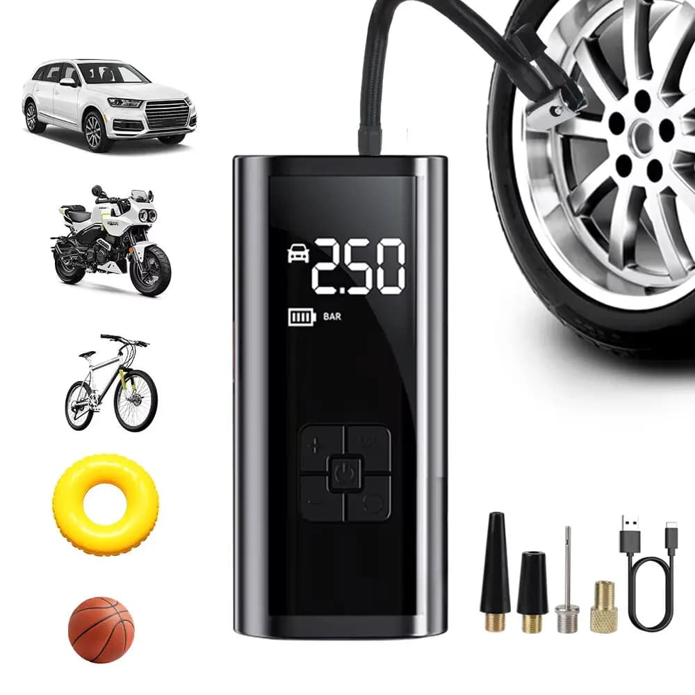 Pompa d'Aria Portatile per Auto con Display LCD, Compressore Compatto per Moto, Biciclette e Palloni, Ideale per Viaggi e Garage