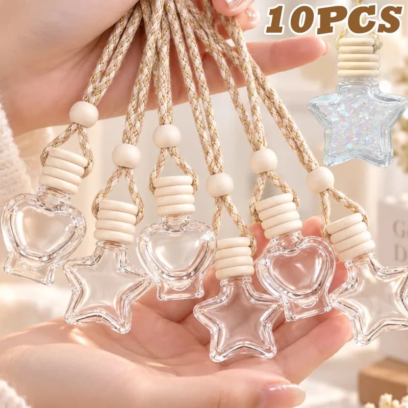 1-10pcs Clear Empty Glass Bottle Wood Cover Transparent Star Heart Hanging Ornament Home Diffuser Aromatherapy Jars Supplies