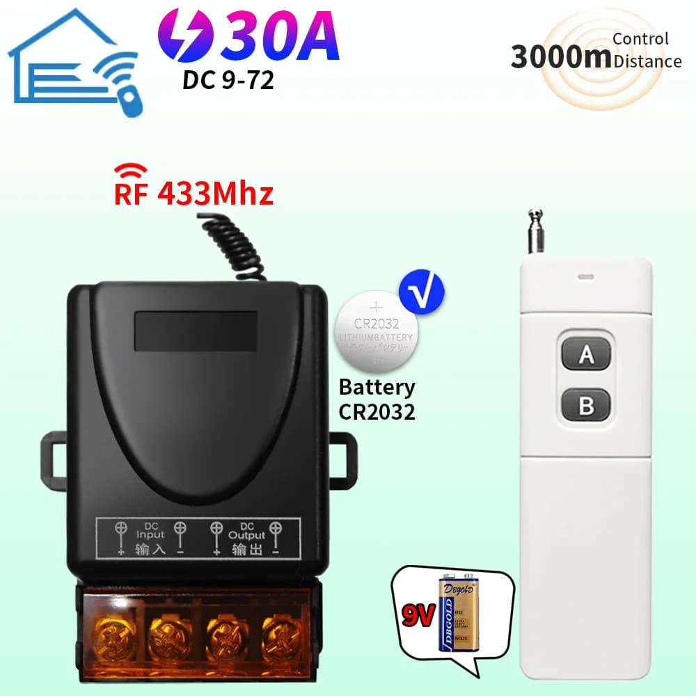 Interruttore automatico con telecomando wireless Convertitore RF 433 MHz DC 9-72 V 30 A, pulsante on/off DC 12 V, per motore pompa acqua, con LED l