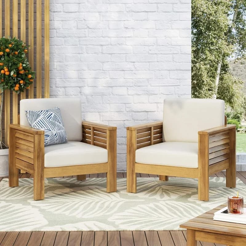 Outdoor Acacia Wood Club Chairs Set of 2 with Beige Cushions, 27.75"D x 32"W x 27.75"H