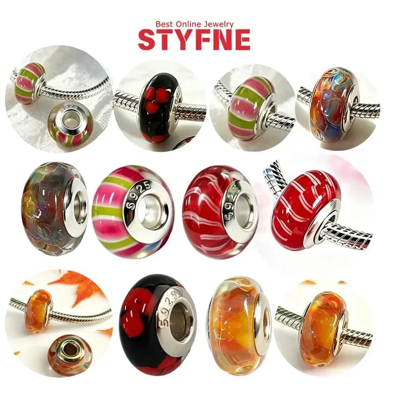 Silver-Plated Red Heart Pattern Glass Charms Beads Fit Original Bracelet Bag Keychain Charm Beads Pendant Diy Women Jewelry Gift