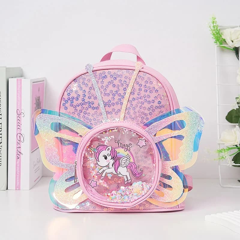 Borsa per bambini di nuova tendenza della moda Cartone animato Unicorno Paillettes Laser Trasparente Ali di farfalla Zaino Zaino per asilo