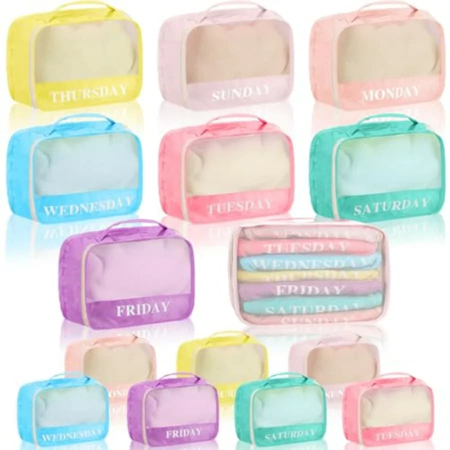 15 Pack Days of The Week Packing Cubes, Colorful Macaron Packing Cubes for Travel, Weekly Clothing Organizer Luggage Storage Ba