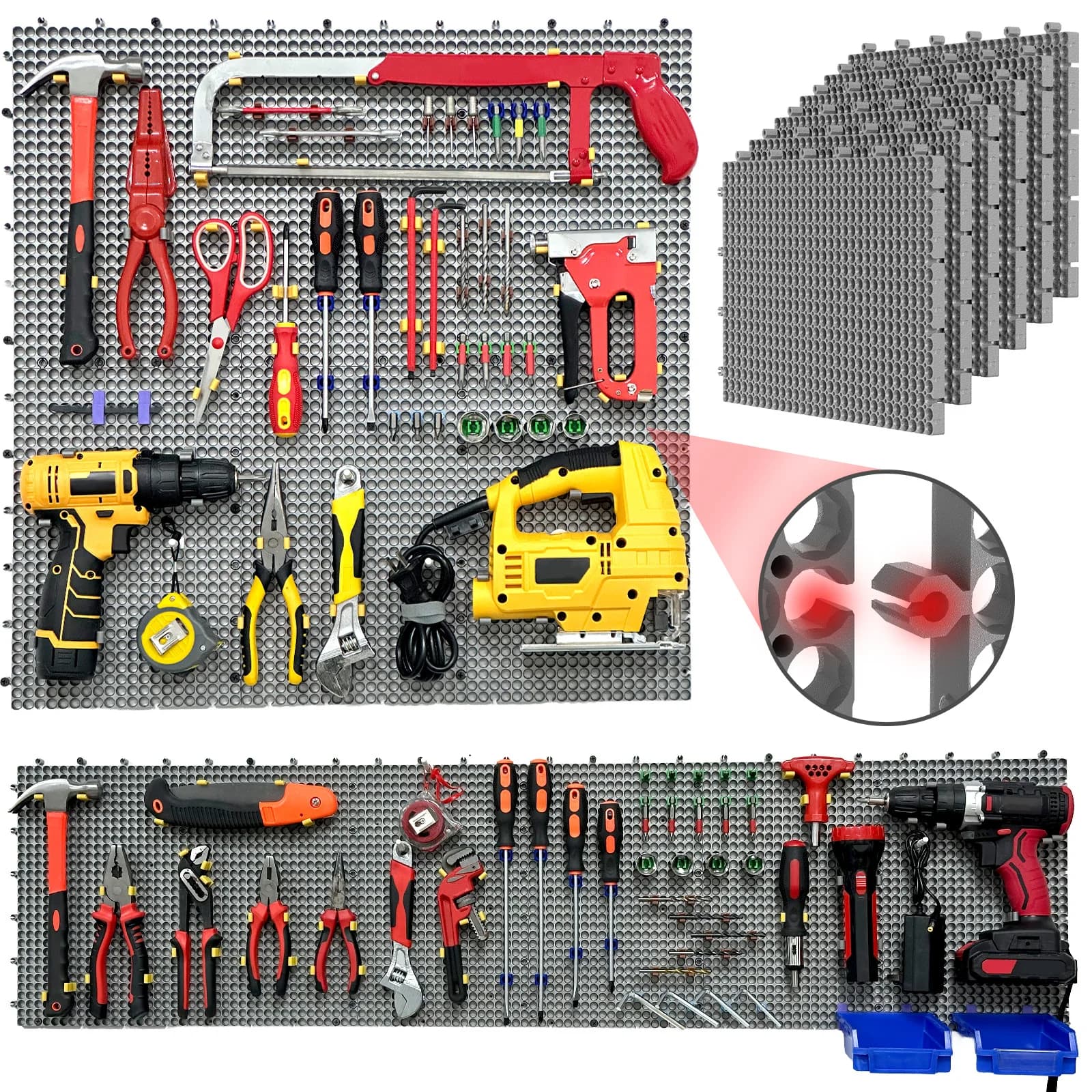 Plastic Pegboard Wall Organizer Kit, 6 Black Panels 91 X 40cm, 200 Accessories with Hooks, Clips & Holders, Modular Tool Storage