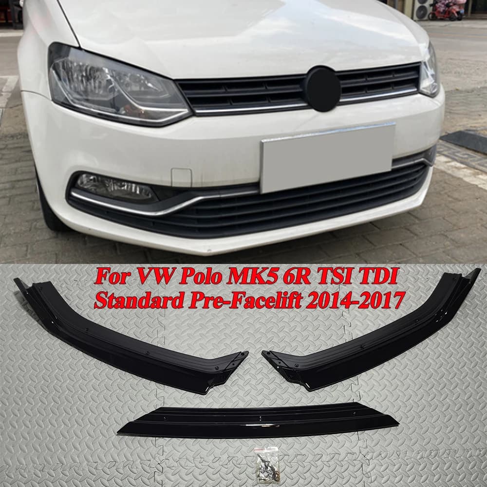 Car Front Bumper Lip Splitter Spoiler Diffuser For VW Polo MK5 6R TSI TDI Standard Pre‑Facelift 2014-2017 Body Kit Tuning Black
