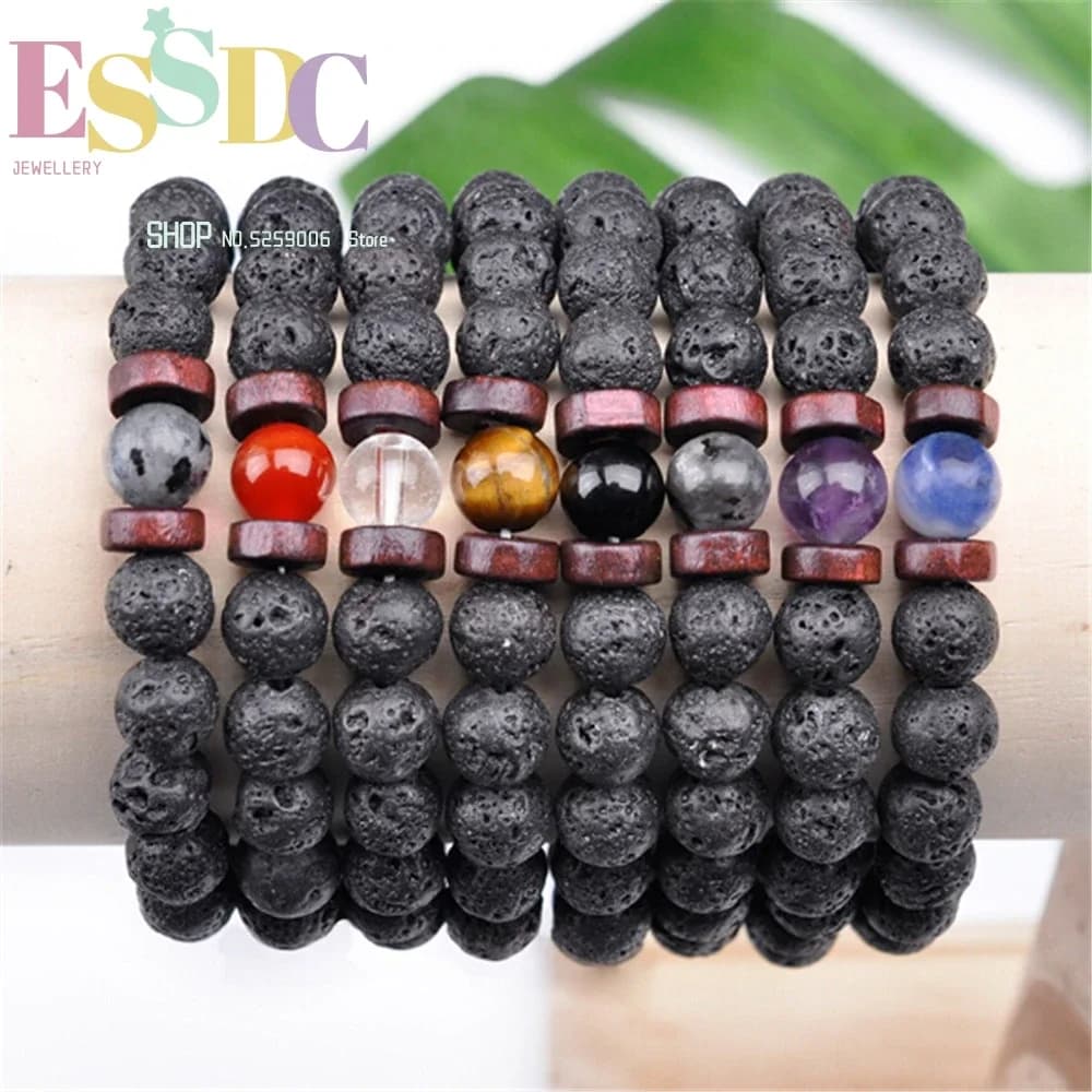Pietra di luna naturale Perline di lava vulcanica Bracciale distanziatore in legno Diffusore di pietra energetica Regalo di gioielli per uomini o donne Commercio all'ingrosso