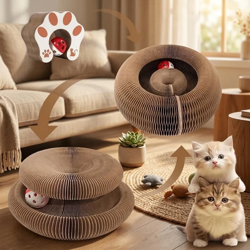Foldable Cat Scratcher with Bell & Catnip, Multi-Level Cardboard Interactive Toy, Durable Claw Sharpener for Kittens Indoor Cats