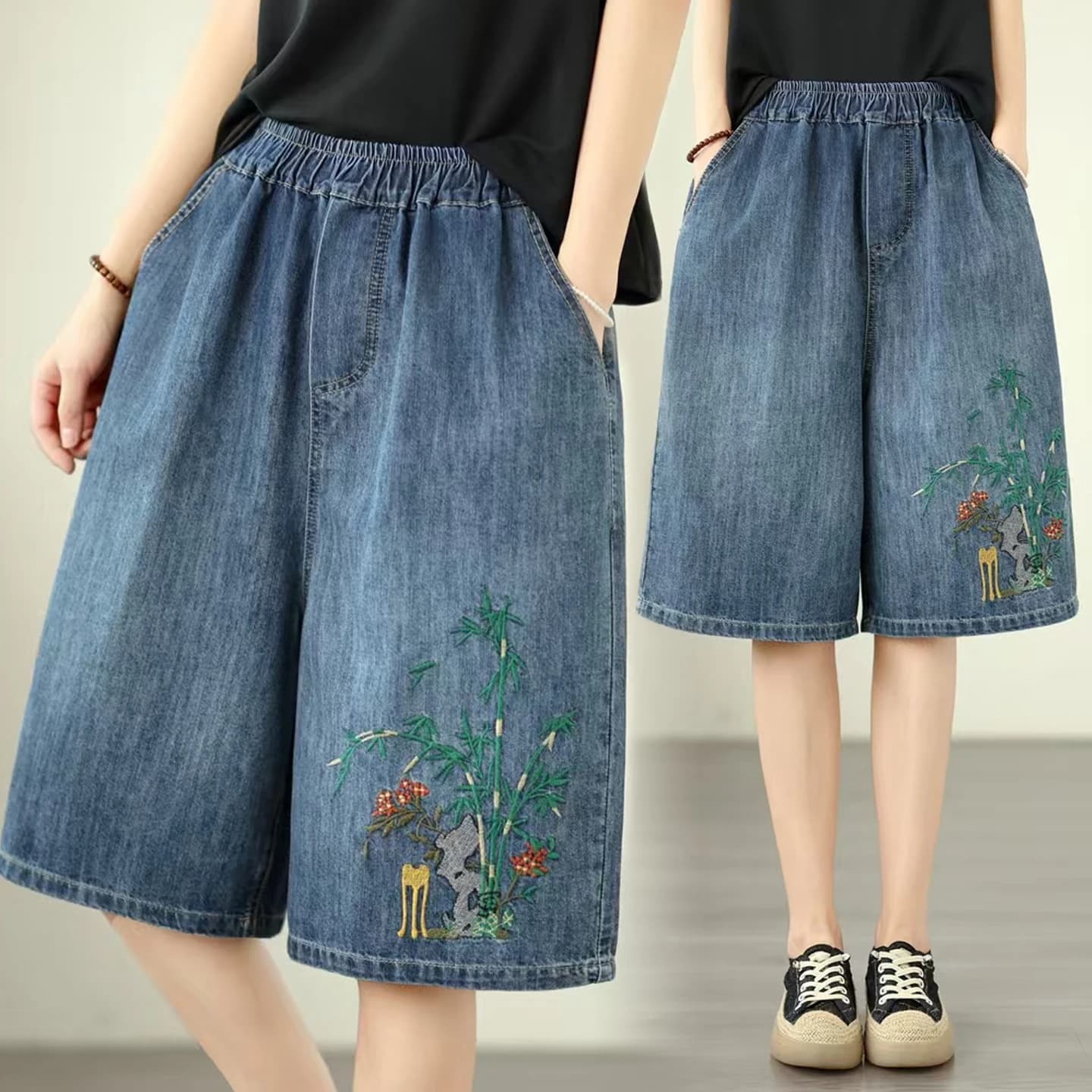 Fashionable Embroidered Loose Wide Leg Jeans Shorts Casual High Waist Cotton Polyester Blend Summer Versatile Big Size Denim ...