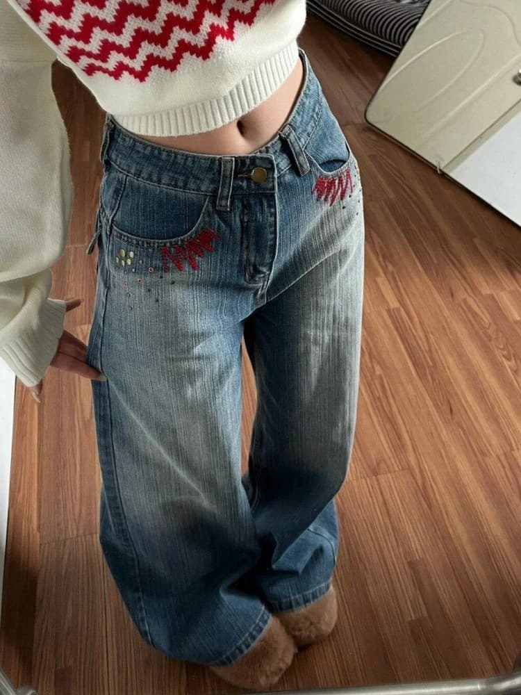 American Style High Waist Bell Bottom Denim Jeans Women's Summer New Vintage Embroidery Loose Fit Casual Wide Leg Pants