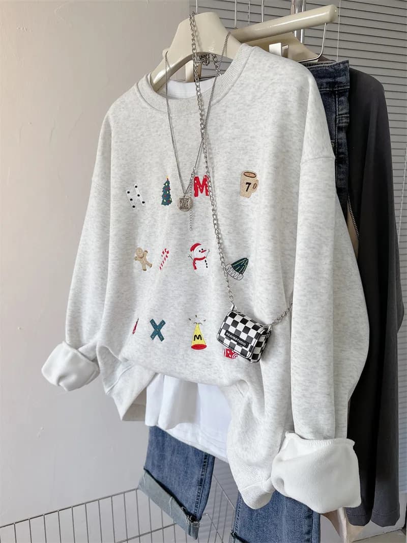 plus Size Christmas Embroidery Hoodie Women's Long Sleeve round Neck Sweatshirt Comfortable Loose Fit Korean Style Top