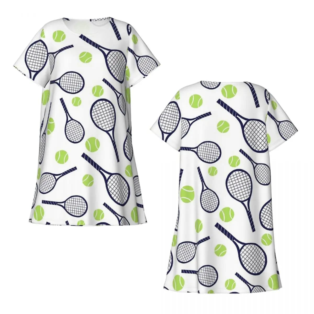 Camicia da notte personalizzata con stampa racchetta da tennis e pallina, a maniche corte, per dormire, pigiama ampio da donna