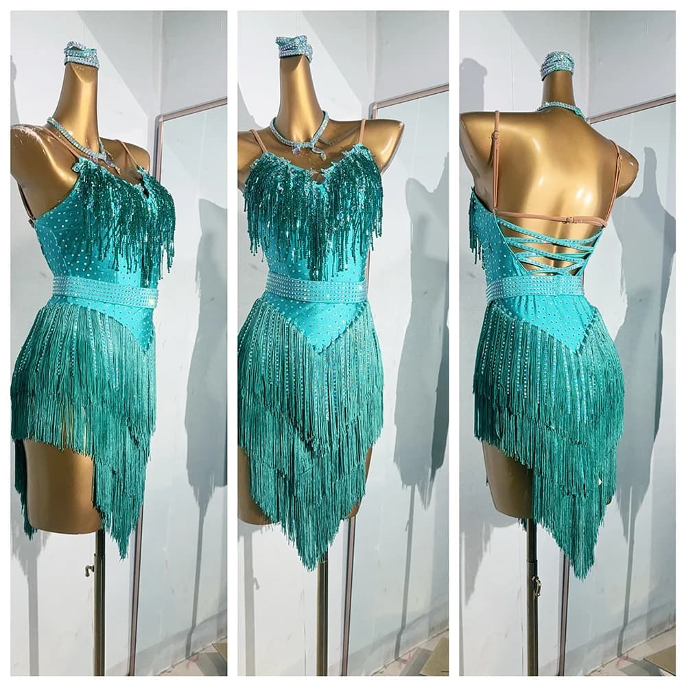 Costume da ballo latino AB Stone Donna Adulto Bambini Abito multicolore in cristallo personalizzato di fascia alta Abito da spettacolo Samba