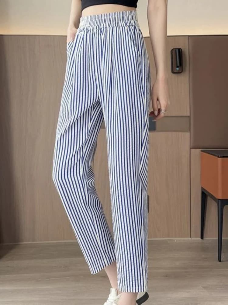 Pantaloni a righe verticali per donna Pantaloni Harem casual Comodo elastico in vita traspirante con cintura Pantaloni corti affusolati da indossare ogni giorno