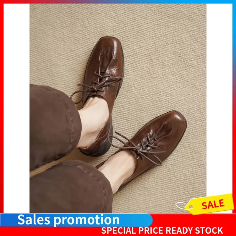 Vintage Women Lace Up Loafers Top Layer Sheepskin Pig Skin Insole Rubber Wedge Low Heel Daily Walking Footwear Coffee CaramelF13