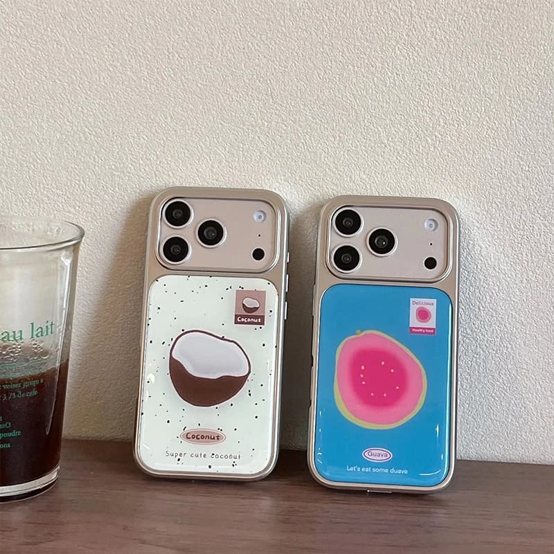 Cover per iPhone 17 Air 16 Pro Max 15 14 Plus 13 12 Pro 11 con design Vibrante Frutta Cocco e Guava, e rivestimento galvanizzato a goccia