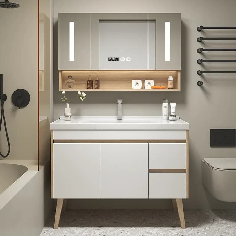 Mobile da bagno moderno in legno massello con combinazione di lavabo da pavimento per lavabo, mobiletto per lavabo in ceramica, mobiletto a specchio