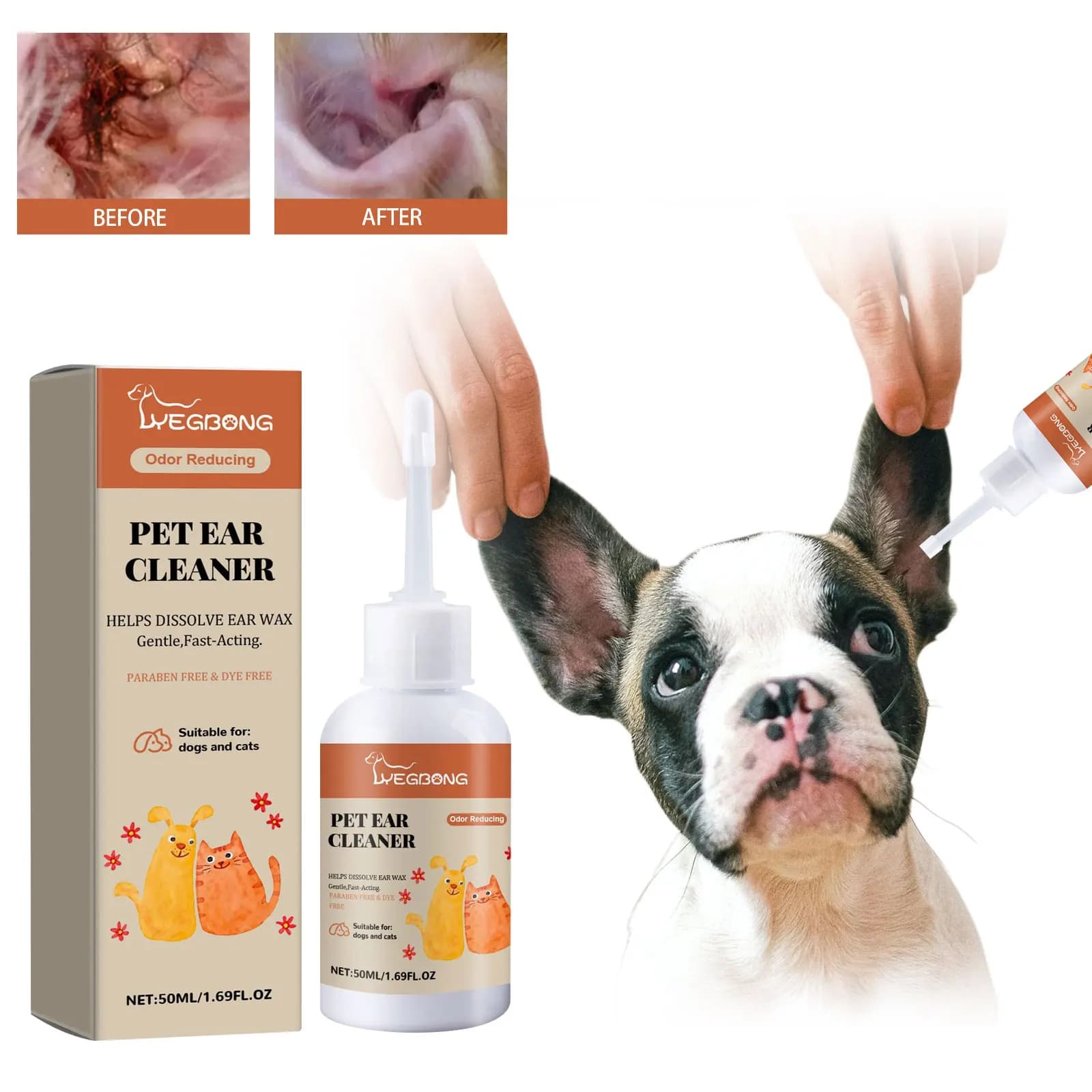 Detergente per le orecchie del cane Goccia Cerume Rimozione degli odori Prurito Controllo dell'infezione Trattamento degli acari dell'orecchio Pulizia delicata Soluzione per il lavaggio delle orecchie degli animali domestici
