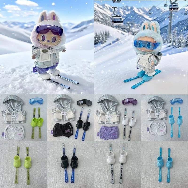 Accessorio per vestiti per bambole con ciondolo in vinile da 15/17 cm per Labubu Tuta da sci con cappuccio con cerniera alla moda con sci e occhiali da sci 4 pezzi