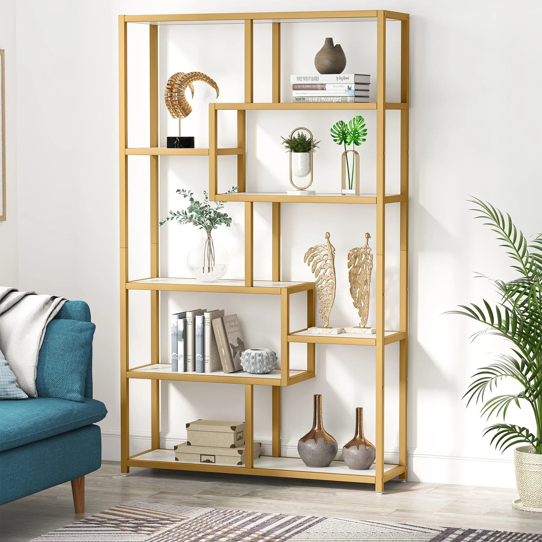 Libreria Tribesigns, libreria Etagere a 8 ripiani in oro con finto marmo, espositore moderno per scaffali per libri