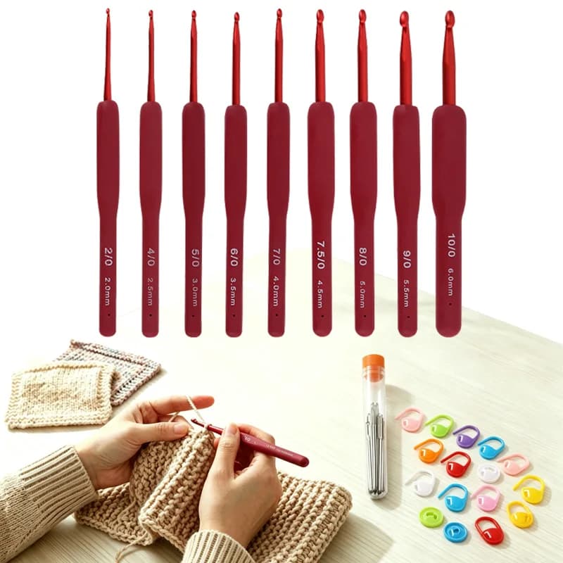 Set di 9 uncinetti di diverse misure (2.0-6.0mm) con marcatori per punti, per principianti, progetti fai-da-te e amanti dell'artigianato.