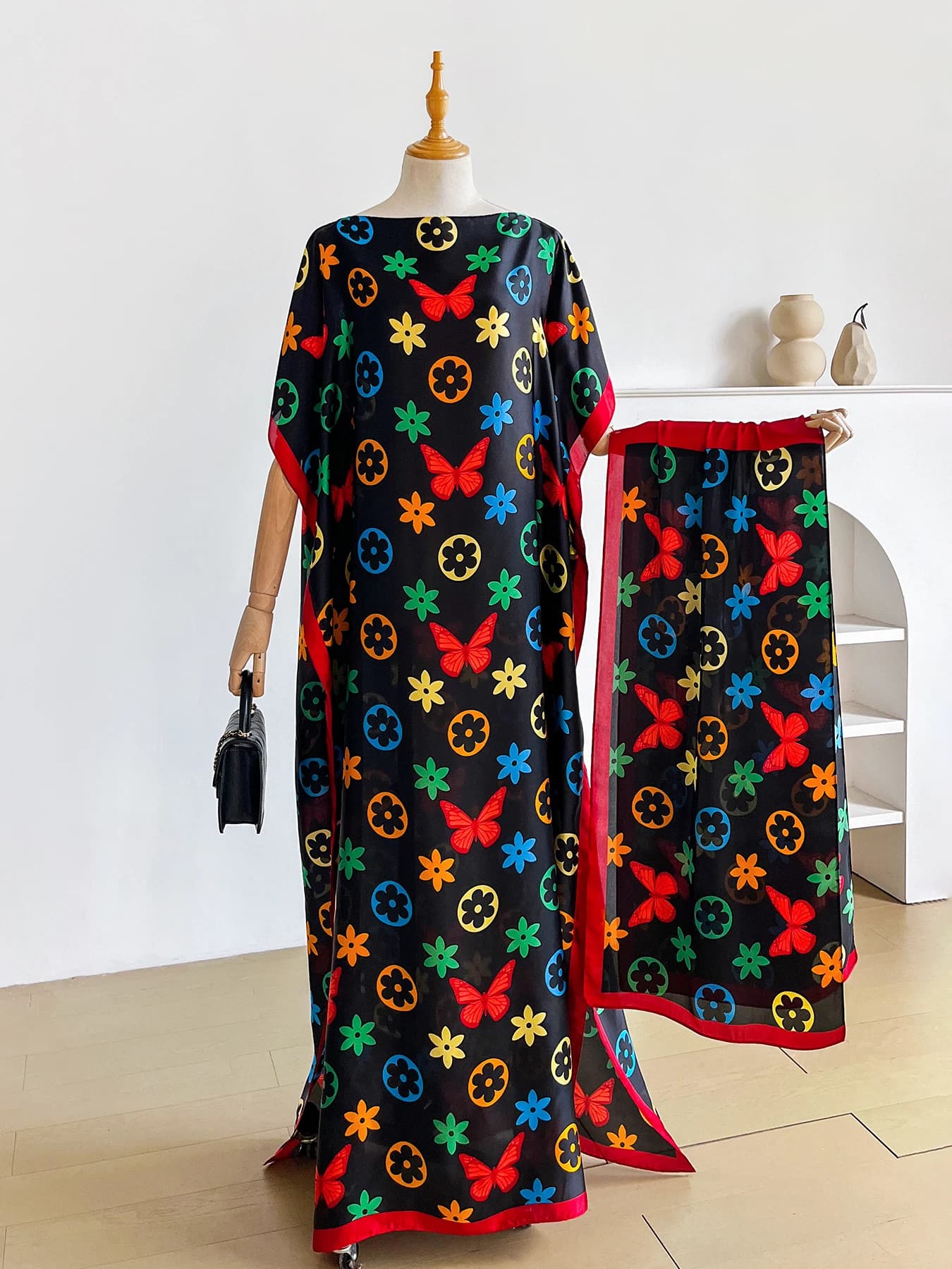 Colorful Butterfly Floral Print Satin Abaya Scarf Set, Loose Batwing Maxi Kaftan For Muslim Women Holiday Beach Daily Wear