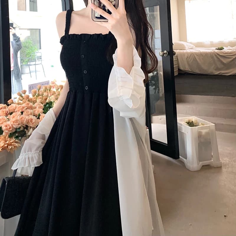 Summer suit strong sizes: Slim dress with shoulder straps and cardigan open in chiffon, set two fashionable pieces covering the formes