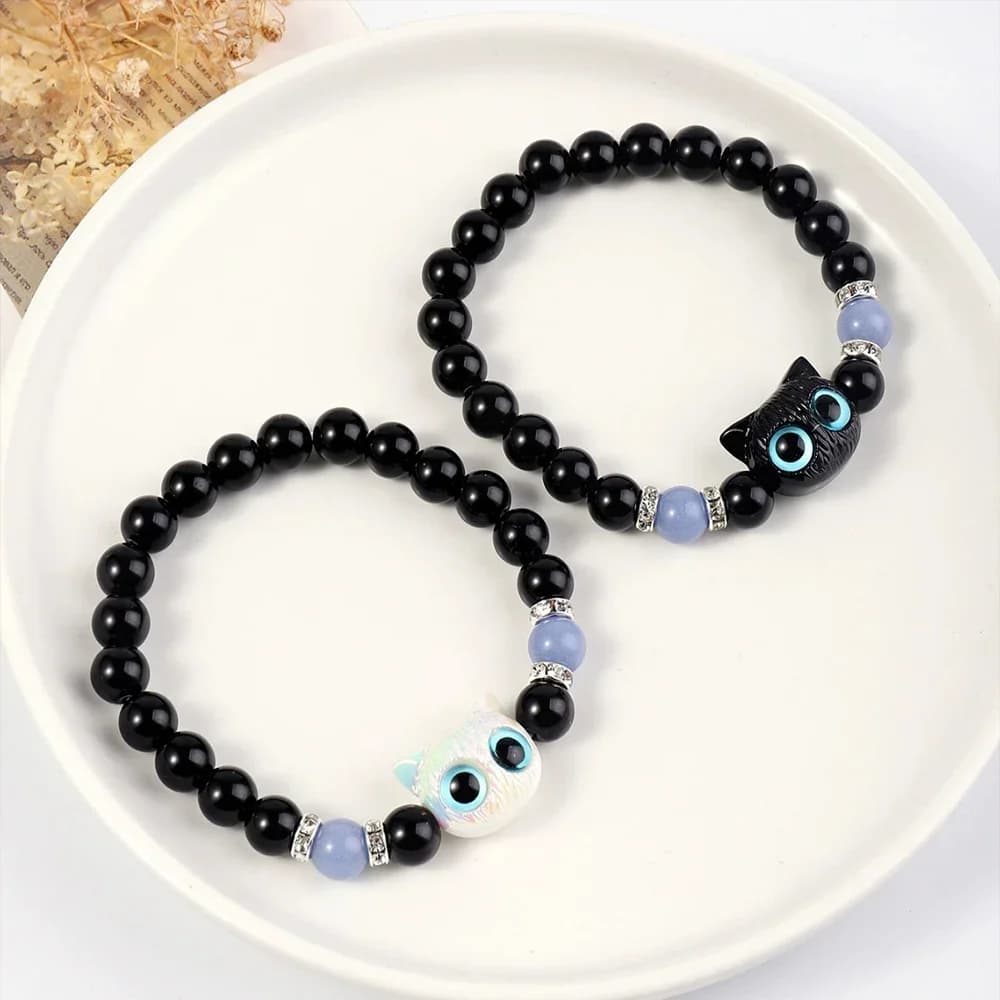 1 Braccialetto Coordinato per Coppie, Donna e Uomo, Luminoso, con Simpatico Gatto, Bracciale dell'Amicizia, Braccialetto con Perline a Testa di Gatto Nero e Bianco