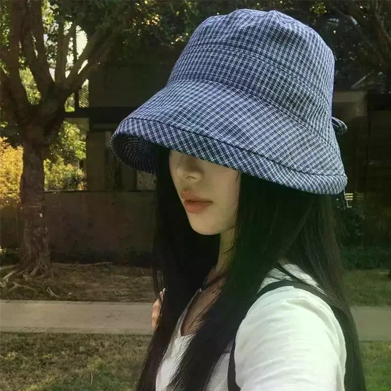 Fashion Summer Plaid Bucket Cap Curled Bow Plaid Sun Hat Foldable Quick-dry Fisherman Caps Outdoor Mountaineering Hat