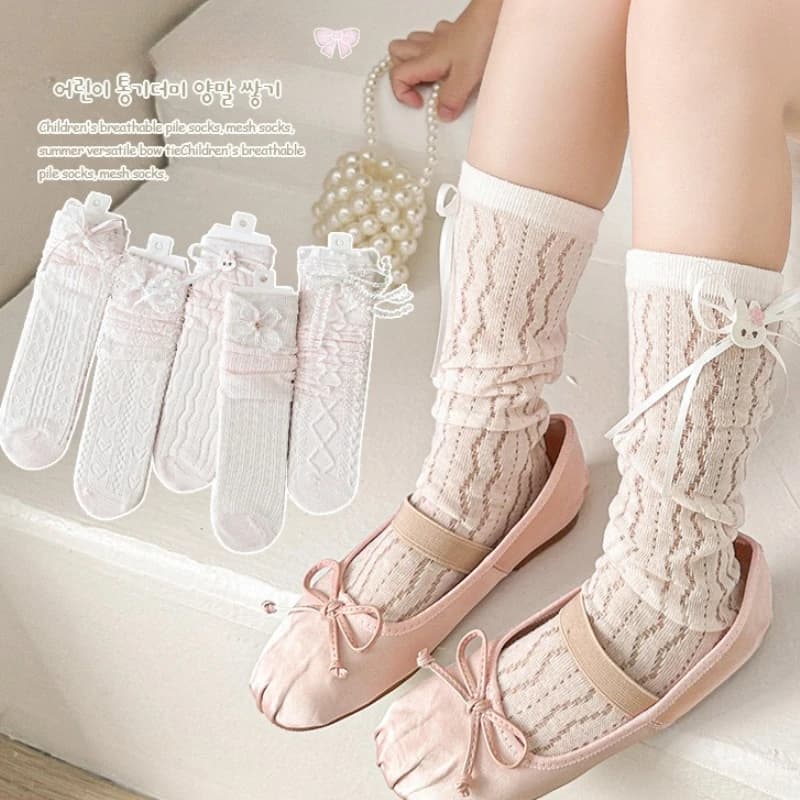 35cm Children's Lace Mid Tube Socks Girls' Pink Lolita Socks Bow Lace Princess Socks Spring and Summer Thin Base Socks