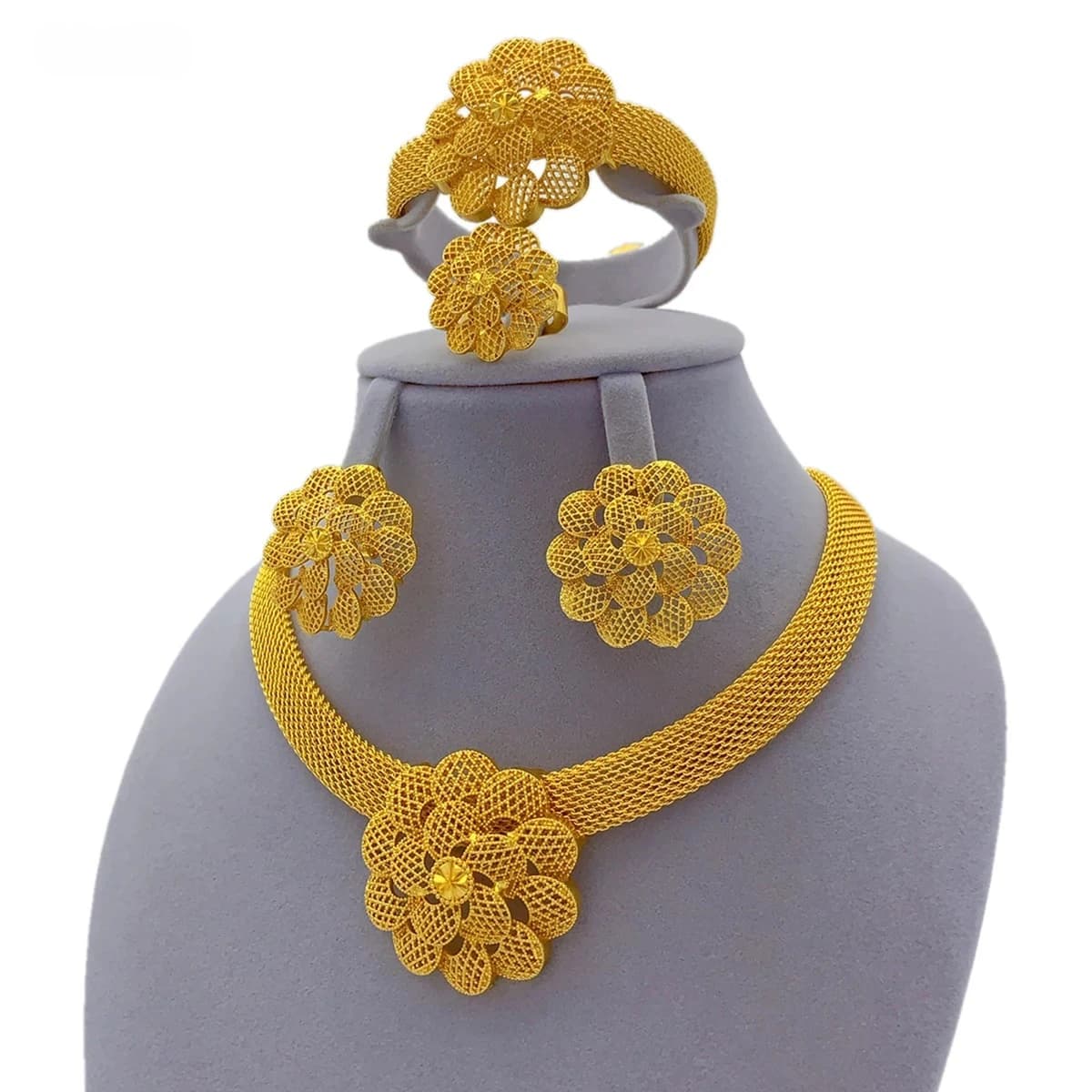 Set di collane di fiori di lusso per le donne Matrimonio Dubai Set di gioielli africani placcati in oro Regali di anniversario di gioielli indiani