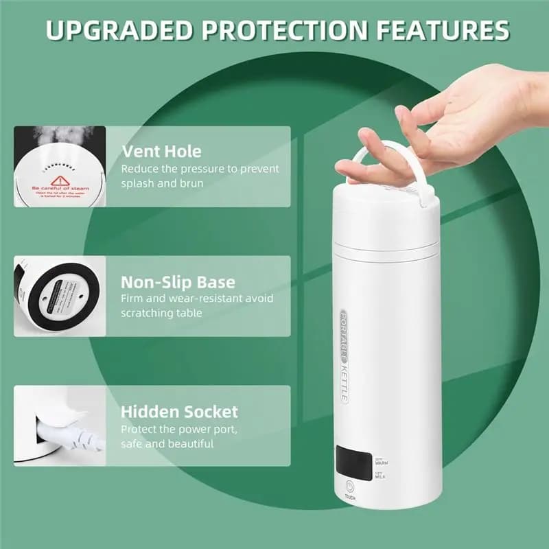 A21Q -Travel Electric Kettle Portable Small Mini Tea Coffee Kettle White Stainless Steel With LCD US Plug