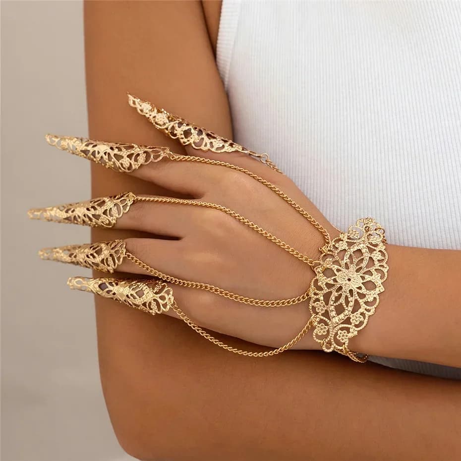 Offerta Speciale: Bracciali a Catena da Dito e da Polso Stile Punk Dubai Indiano, Anelli per Unghie Creativi a Fiore Cavo con Bracciale, Gioielli da Mano Y2K Steampunk